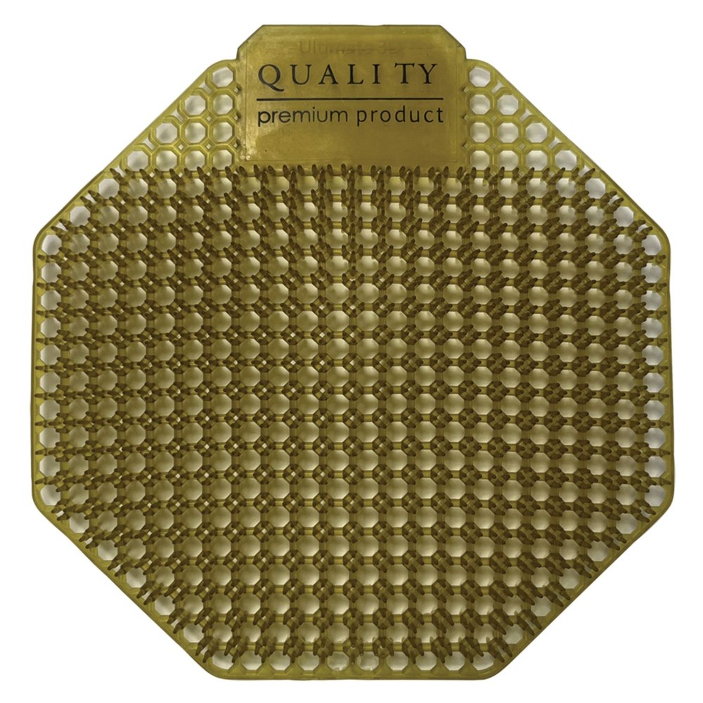Hexagonal Urinal mat with a textured surface and 'Quality premium product' label on a white background