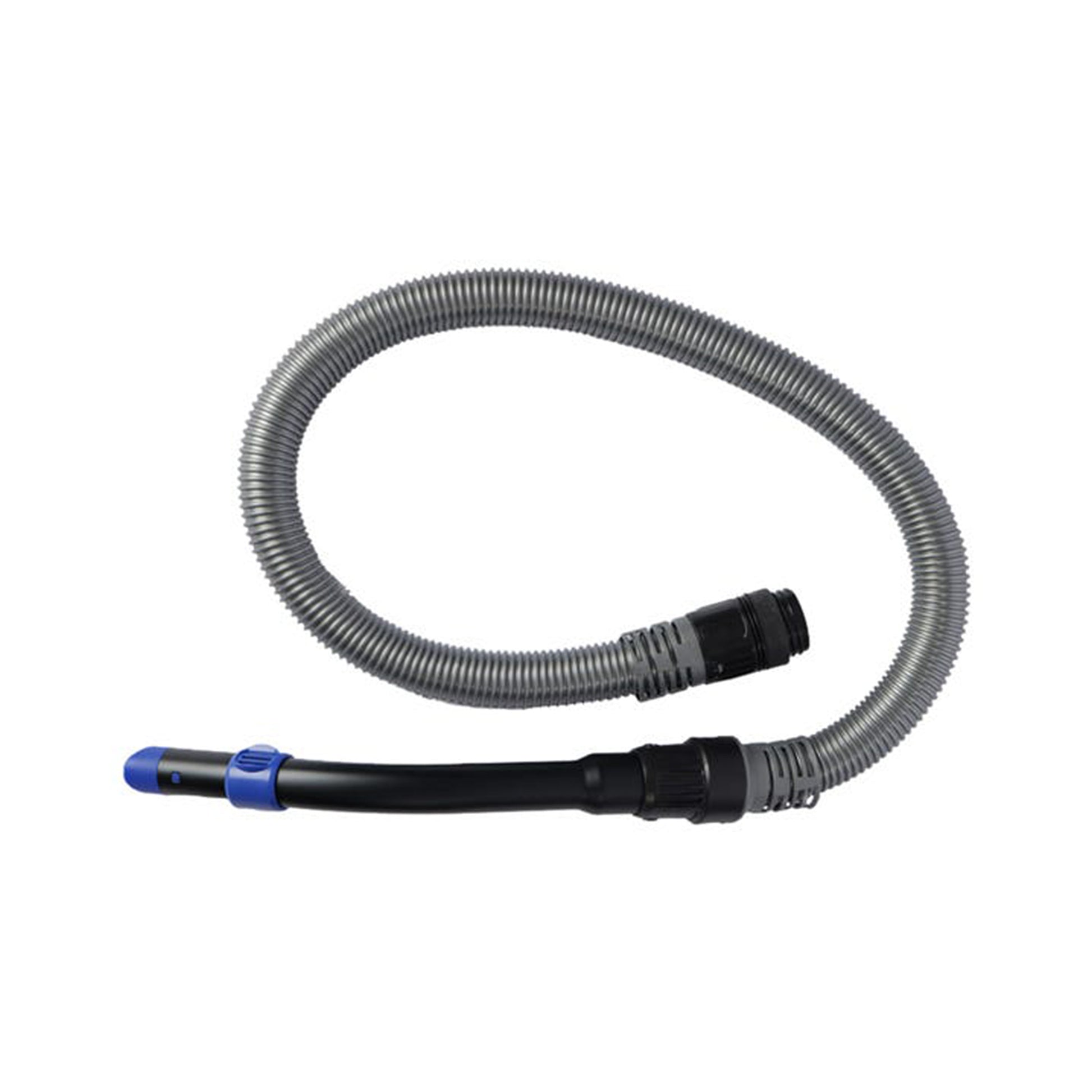 Gray vacuum hose with black and blue connectors on a white background