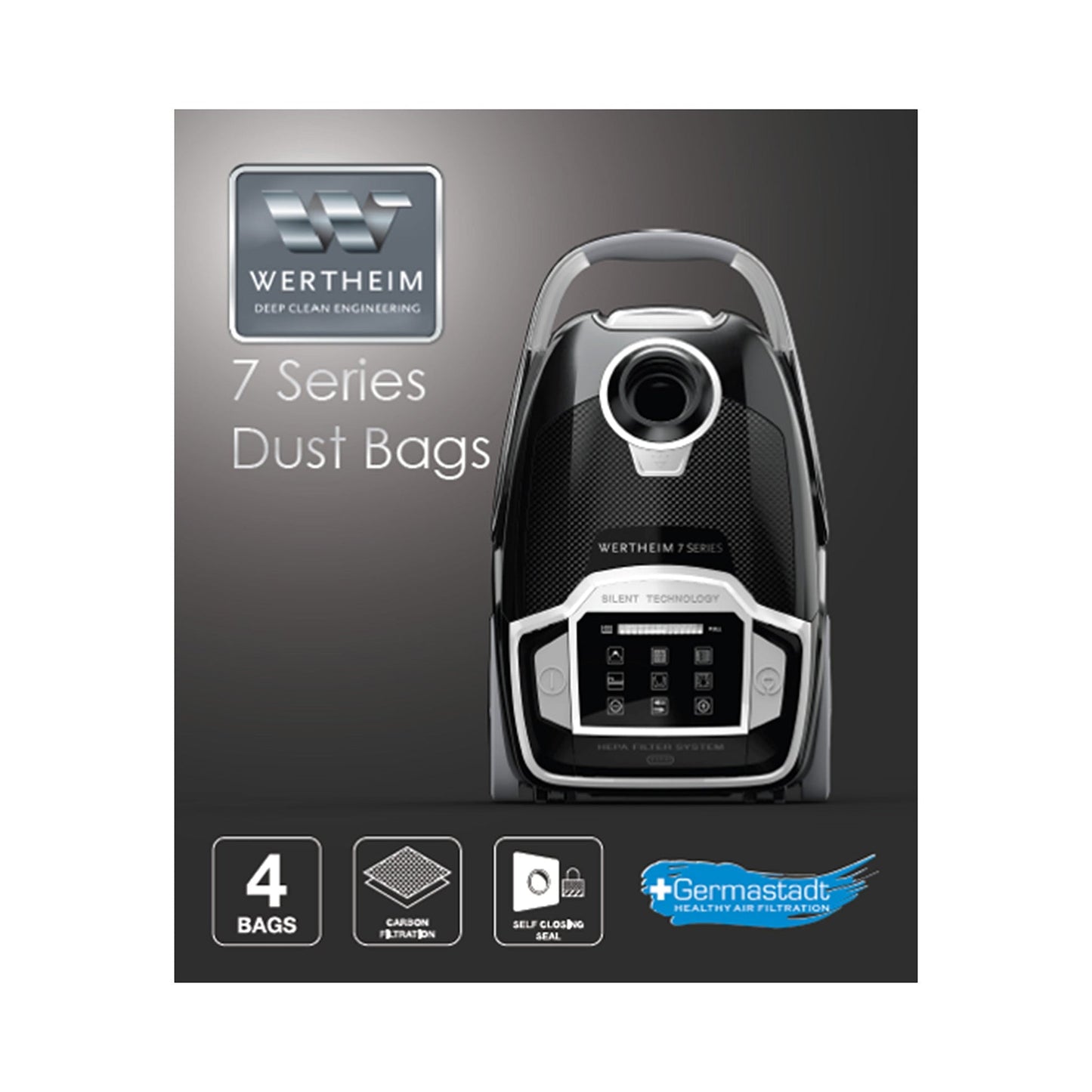 Wertheim 7 Series vacuum cleaner packaging with dust bags on a white background