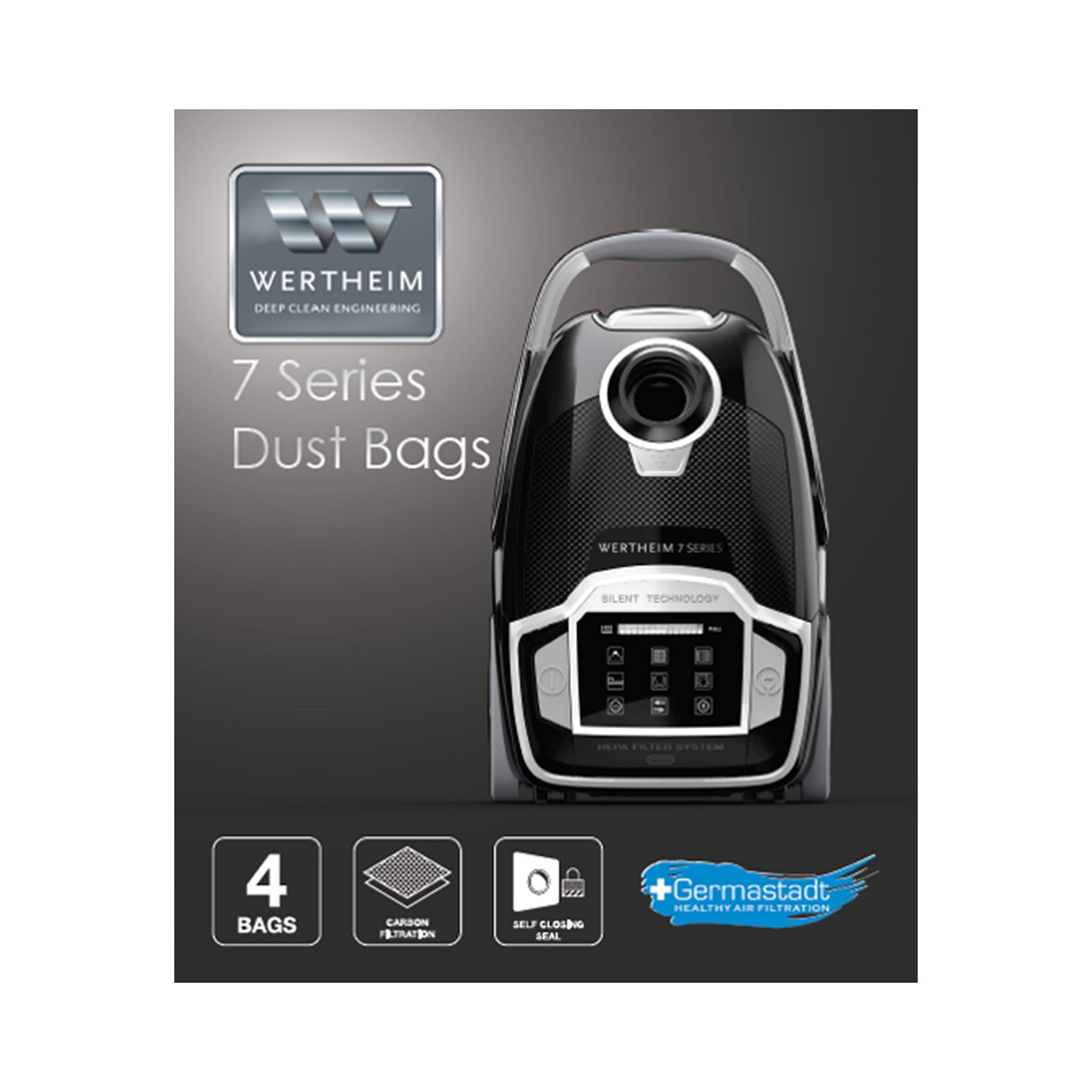 Wertheim 7 Series vacuum cleaner packaging with dust bags on a white background