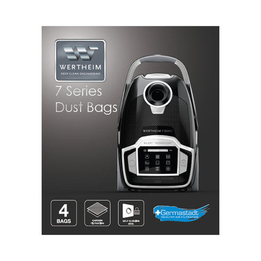 Wertheim 7 Series vacuum cleaner packaging with dust bags on a white background