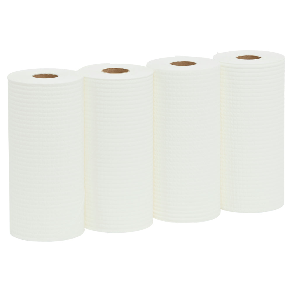 Four white paper towels rolls on a white background