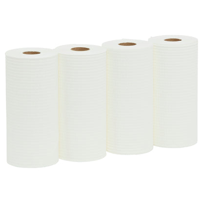 Four white paper towels rolls on a white background