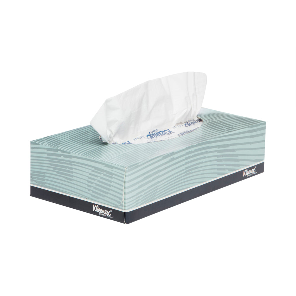 Kleenex tissue box with tissues partially pulled out on a white background