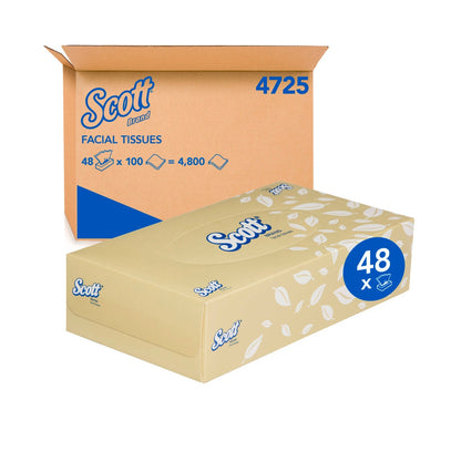 Scott facial tissues packaging with a cardboard box in the background