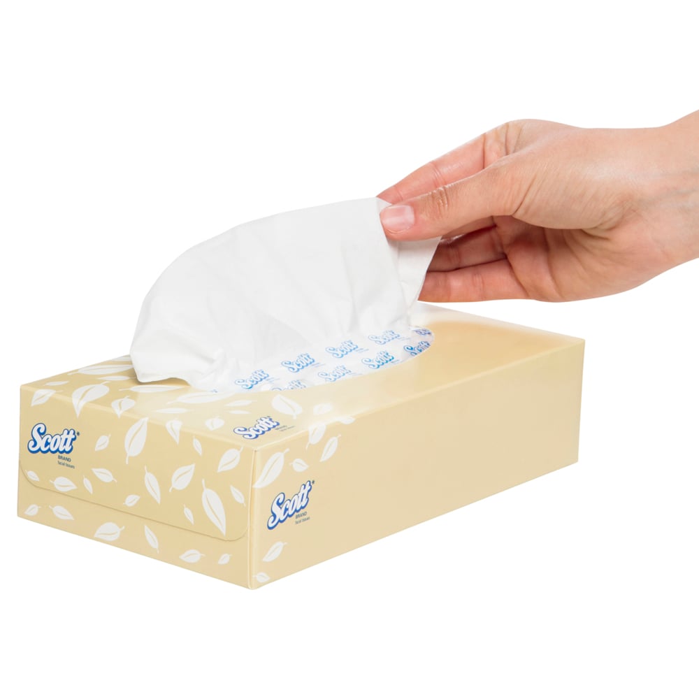 Hand pulling a tissue from a Scott tissue box on a white background