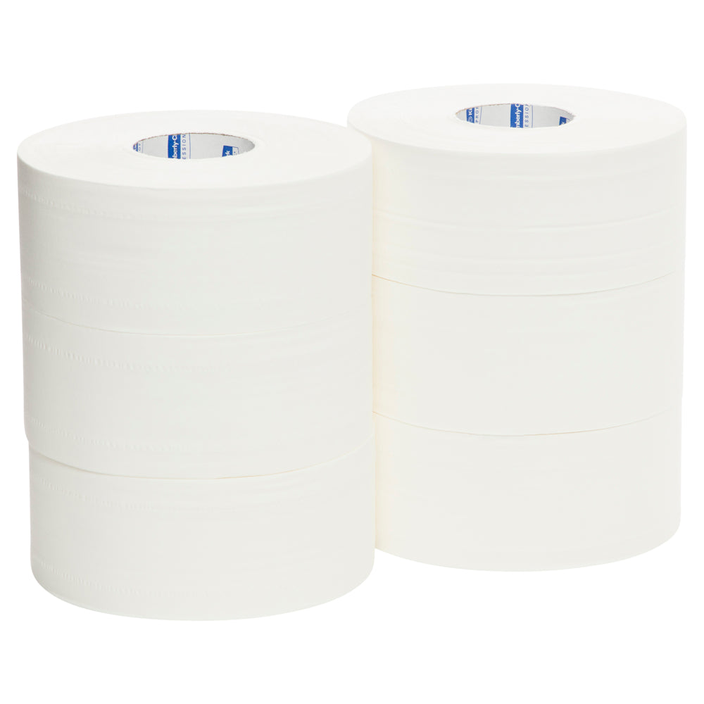 Six rolls of white jumbo toilet paper on a white background