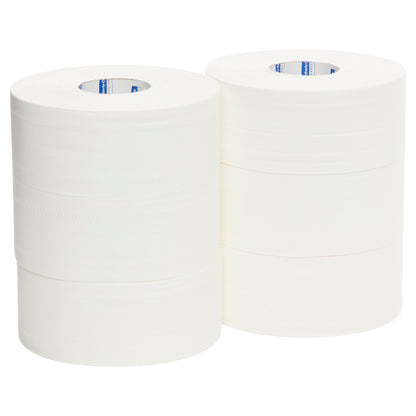Six rolls of white jumbo toilet paper on a white background
