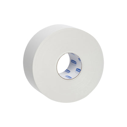 White roll of toilet paper on a white background