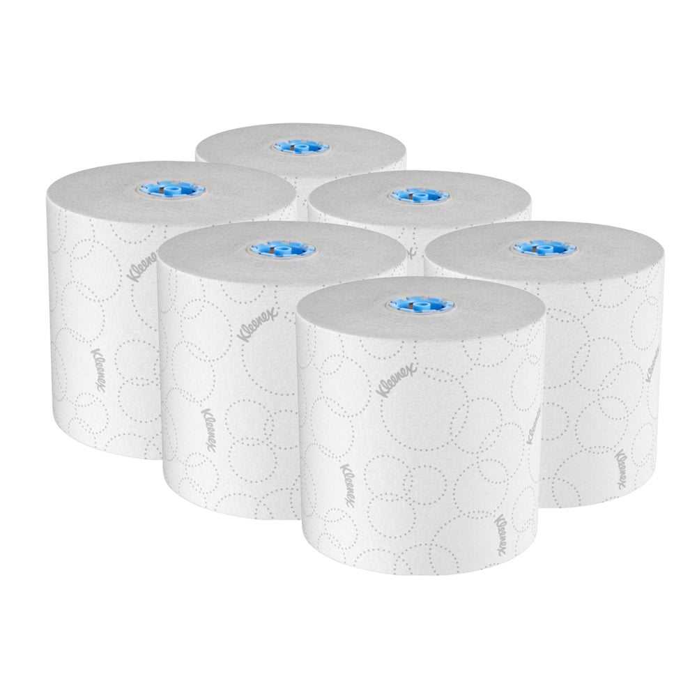 Six rolls of paper towels on a white background