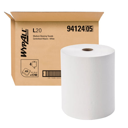 WypAll L20 paper towel roll and box on a white background
