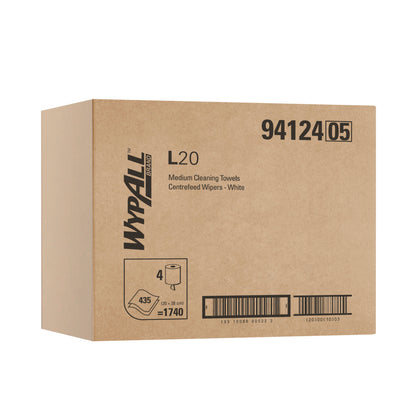 Cardboard box of Wypall L20 medium cleaning towels on a white background