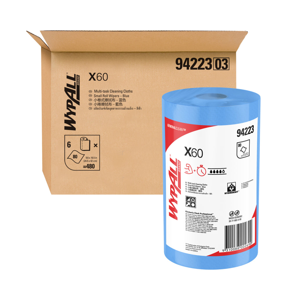 WypAll X60 roll and cardboard box on a white background