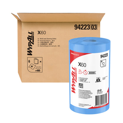 WypAll X60 roll and cardboard box on a white background
