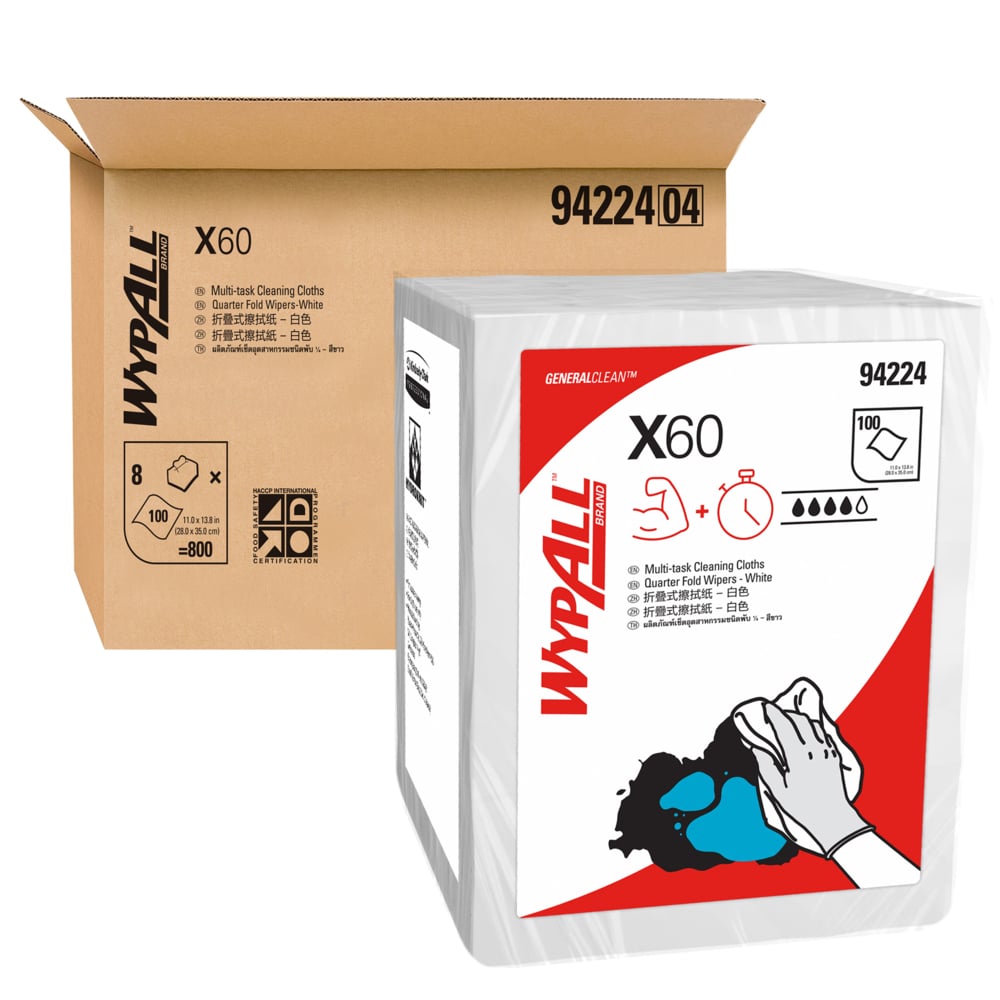 WypAll X60 cleaning cloth packaging with cardboard box on a white background