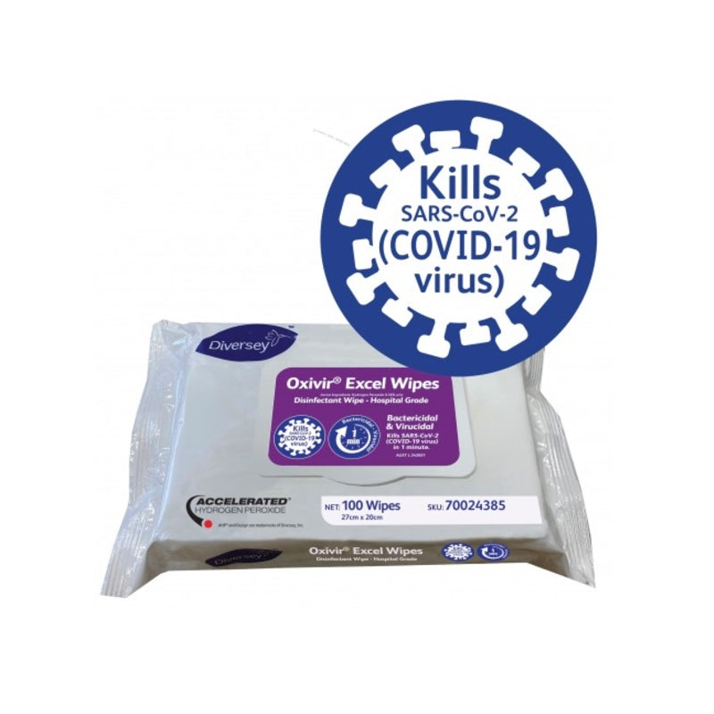 Pack of Oxivir Excel Wipes with Diversey branding and virus-killing claim on a white background
