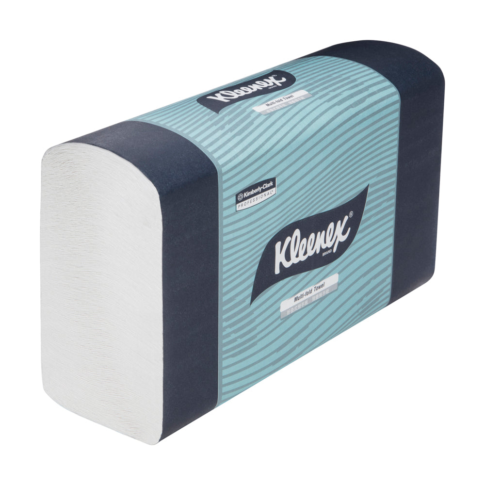 Kleenex tissue box with blue and white design on a white background