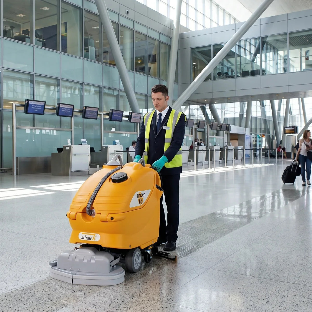 Man operating a yellow floor cleaning machine in an airport terminal.