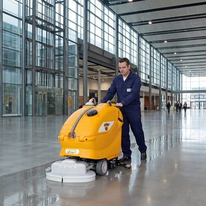 Man operating a yellow floor cleaning machine in a large modern commercial building.