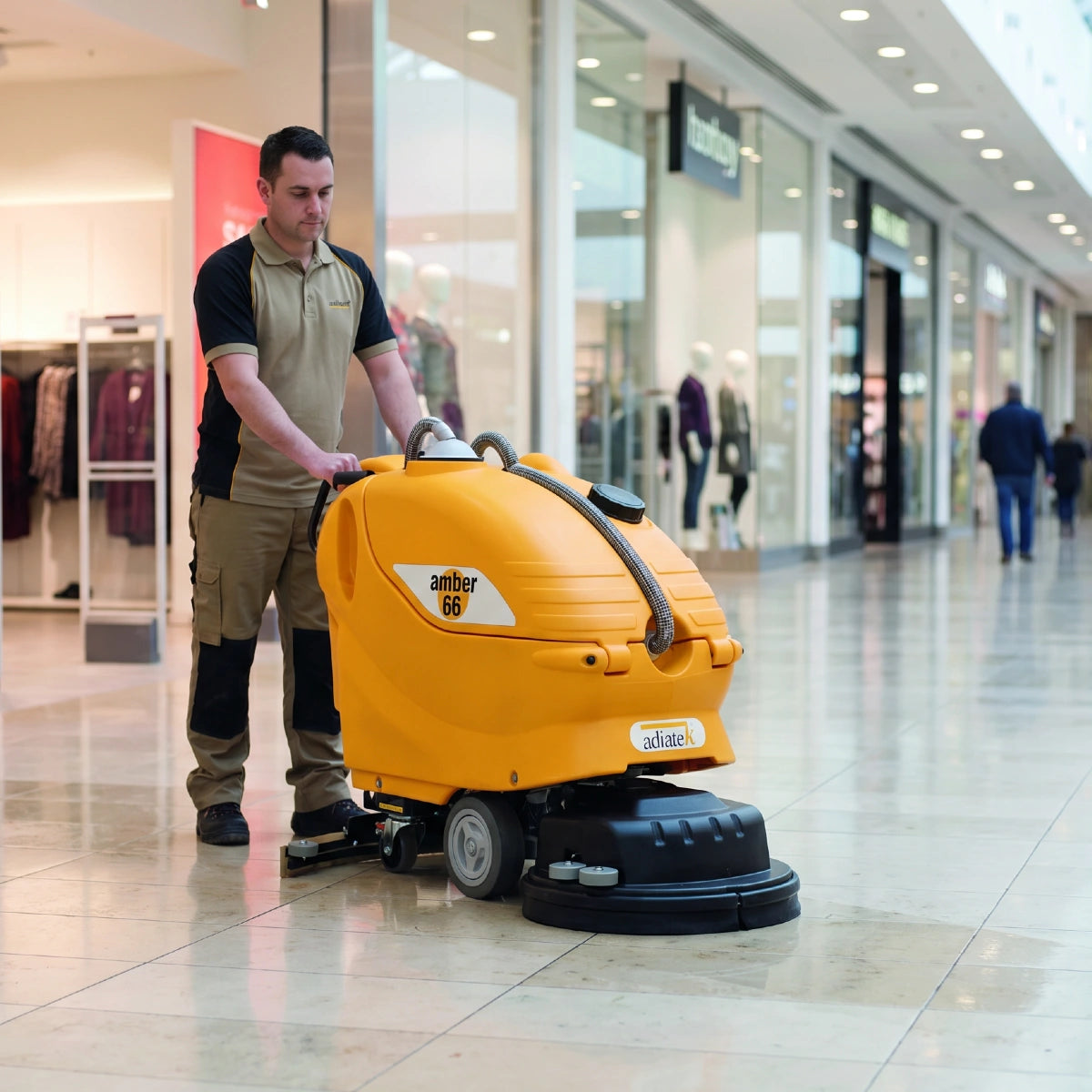 Man operating a yellow floor cleaning machine in a shopping mall.