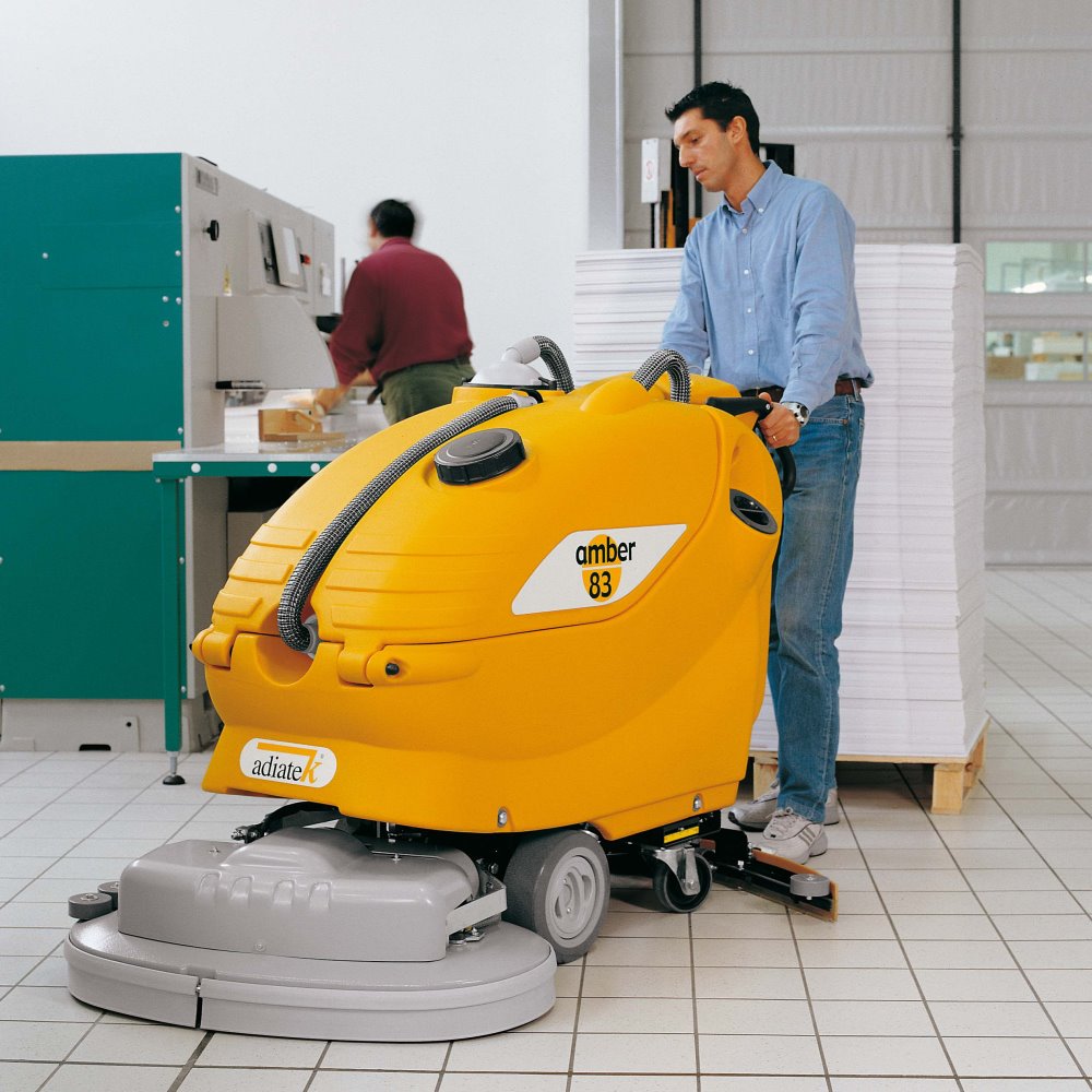Adiatek Amber 83 Auto Scrubber floor cleaning machine on a tiled floor