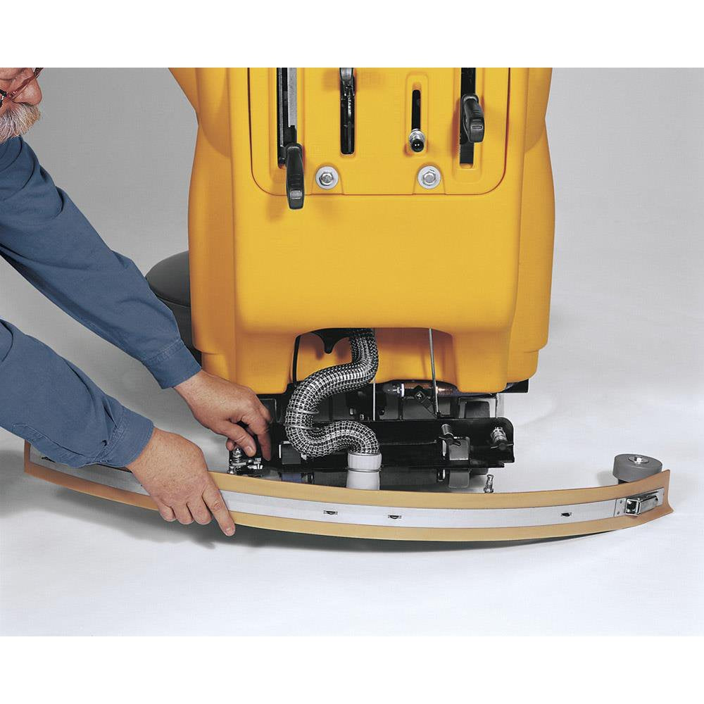 Person adjusting a Adiatek Amber 83 Auto floor cleaning machine on a white background