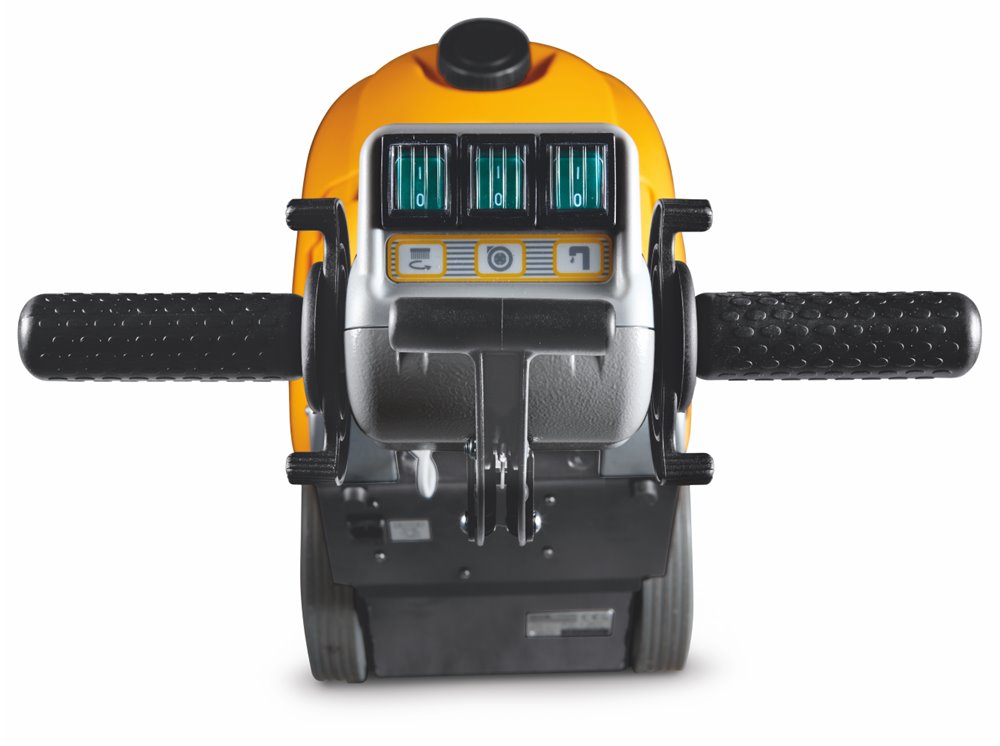 Close-up of a Adiatek Baby-e 33cm Floor Scrubber Corded control panel with yellow and black design on a white background