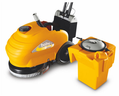 Yellow floor Adiatek Baby-e 33cm Floor Scrubber Corded with a water tank on a white background