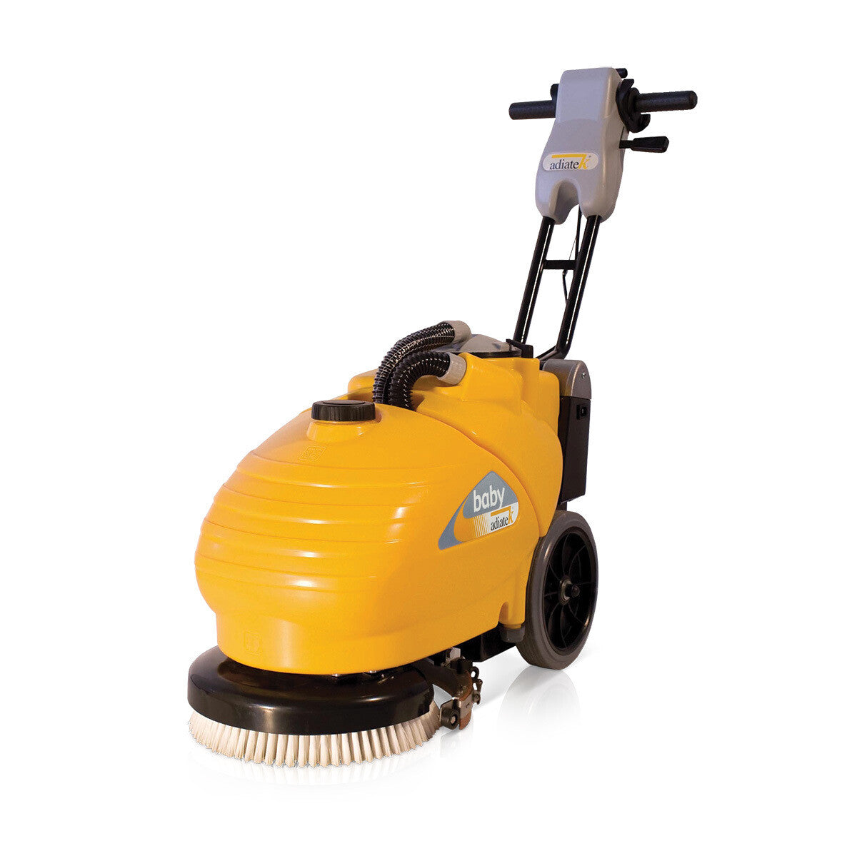 Yellow Adiatek floor cleaning machine on a white background