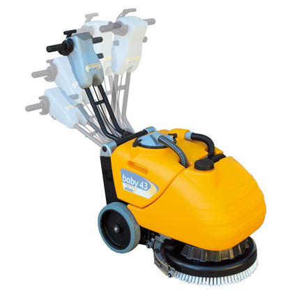 Yellow Adiatek Baby 43 Multi-Purpose Scrubber floor cleaning machine with adjustable handle on a white background