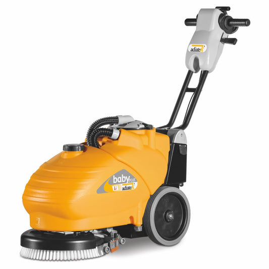 Orange Adiatek Baby Plus Scrubber Lithium floor cleaning machine with black and gray accents on a white background