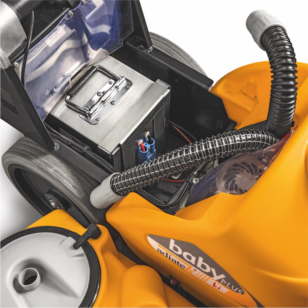 Close-up of an Adiatek Baby Plus Scrubber Lithium with a visible brand logo, showing internal components.