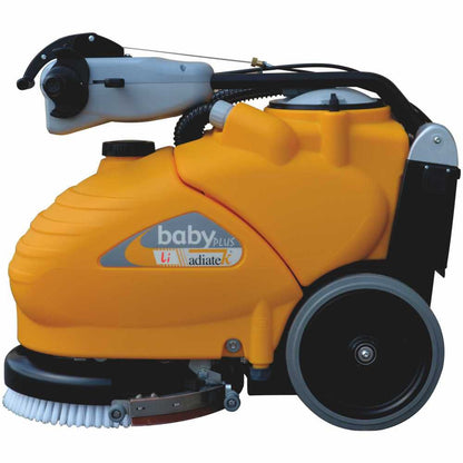 Orange Adiatek Baby Plus Scrubber Lithium floor cleaning machine with 'baby plus' branding on a white background