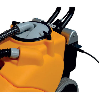 Close-up of an Adiatek Baby Plus Scrubber Lithium with black hoses on a white background