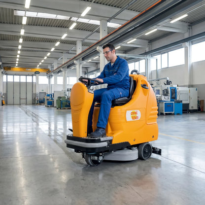 Person operating a yellow scrubber machine in a large industrial warehouse.
