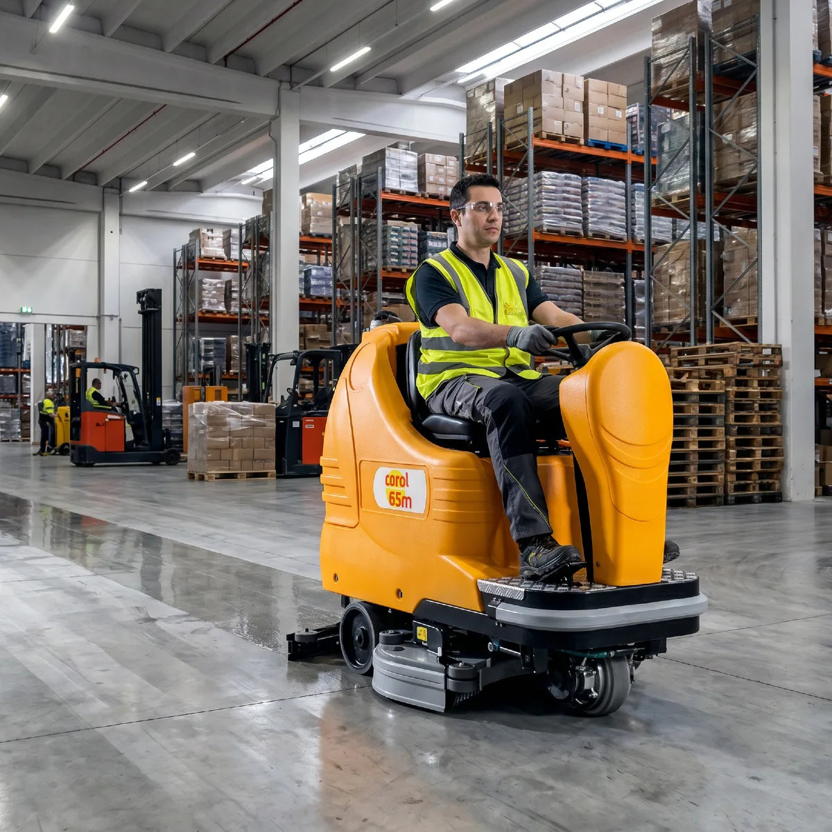Person operating a large orange cleaning machine in a warehouse.