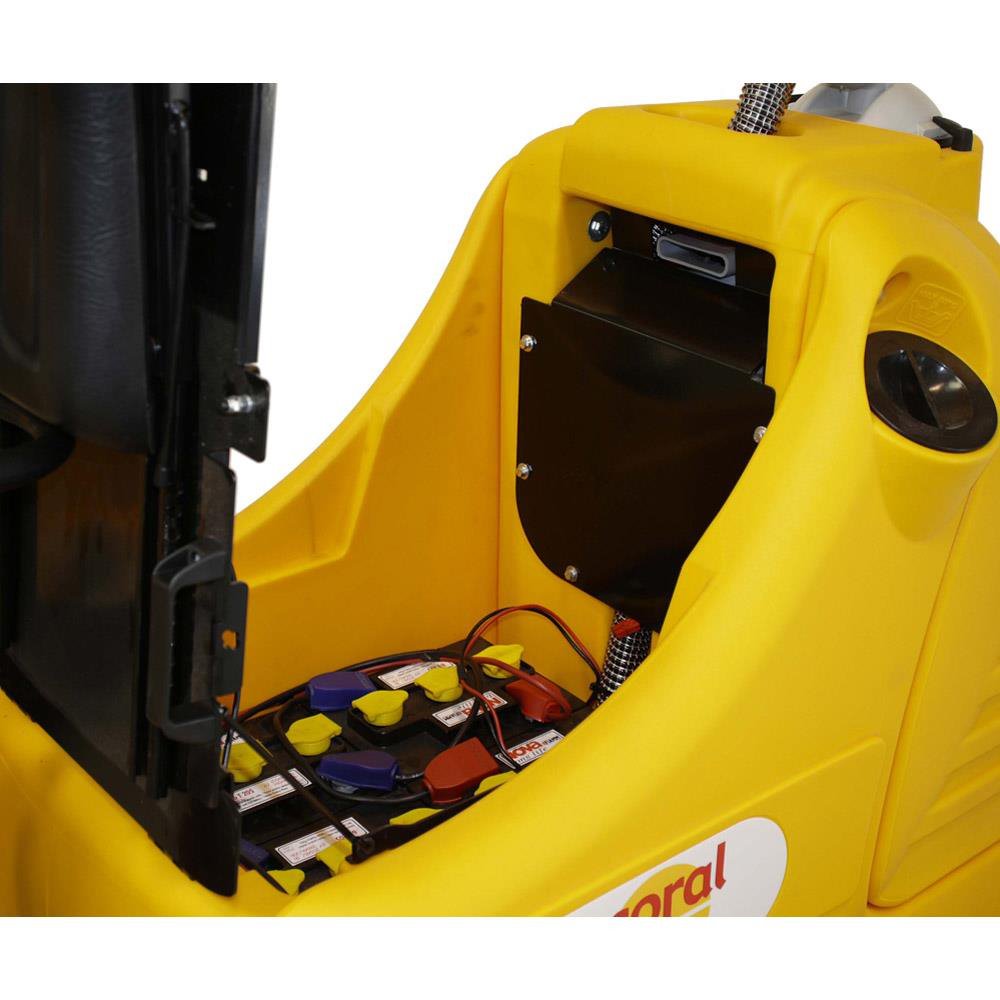 Close-up of a yellow Adiatek Coral 70s Ride On Scrubber with battery compartment visible