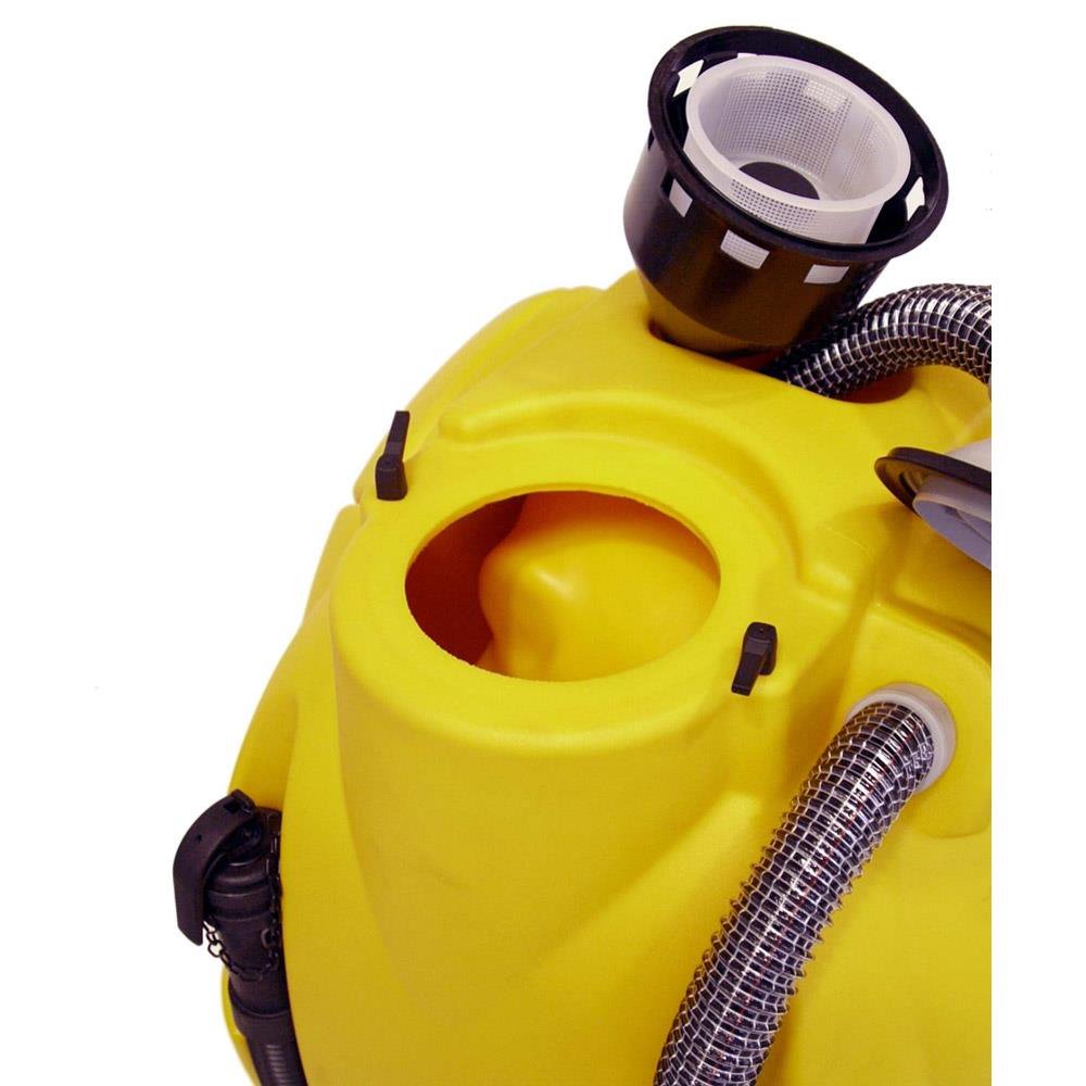 Yellow Adiatek Coral 70s Ride On Scrubber with hose on a white background
