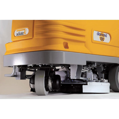 Close-up of a yellow Adiatek Diamond 100p AC floor cleaning machine with on a white background
