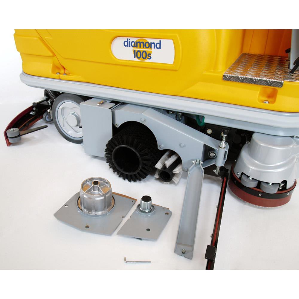 Close-up of a yellow Adiatek Diamond 100s Ride On floor cleaning machine on a white background.