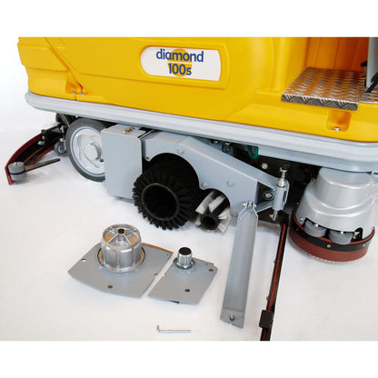 Close-up of a yellow Adiatek Diamond 100s Ride On floor cleaning machine on a white background.