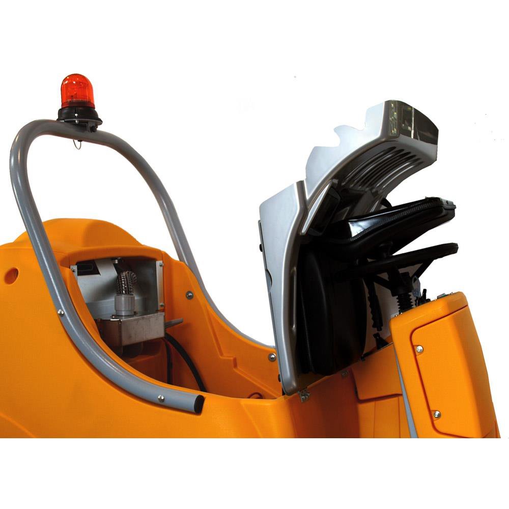 Close-up of an Adiatek Diamond 100s Ride On machine with a black component and red light on a white background