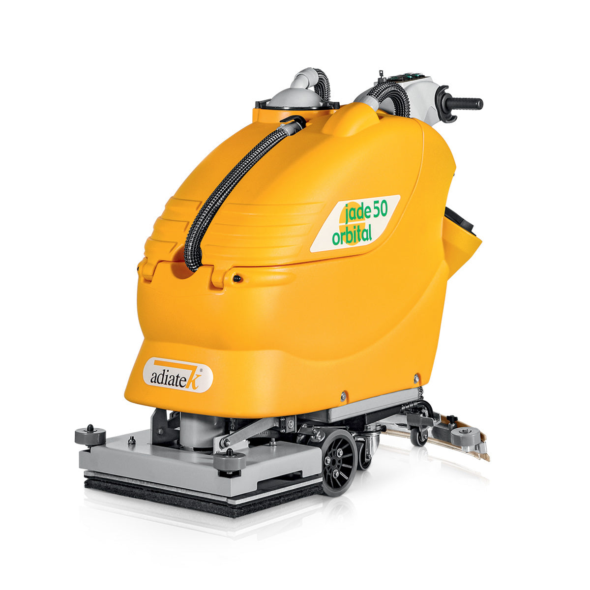 Yellow floor cleaning machine with Adiatek Jade 50 Orbital branding on a white background