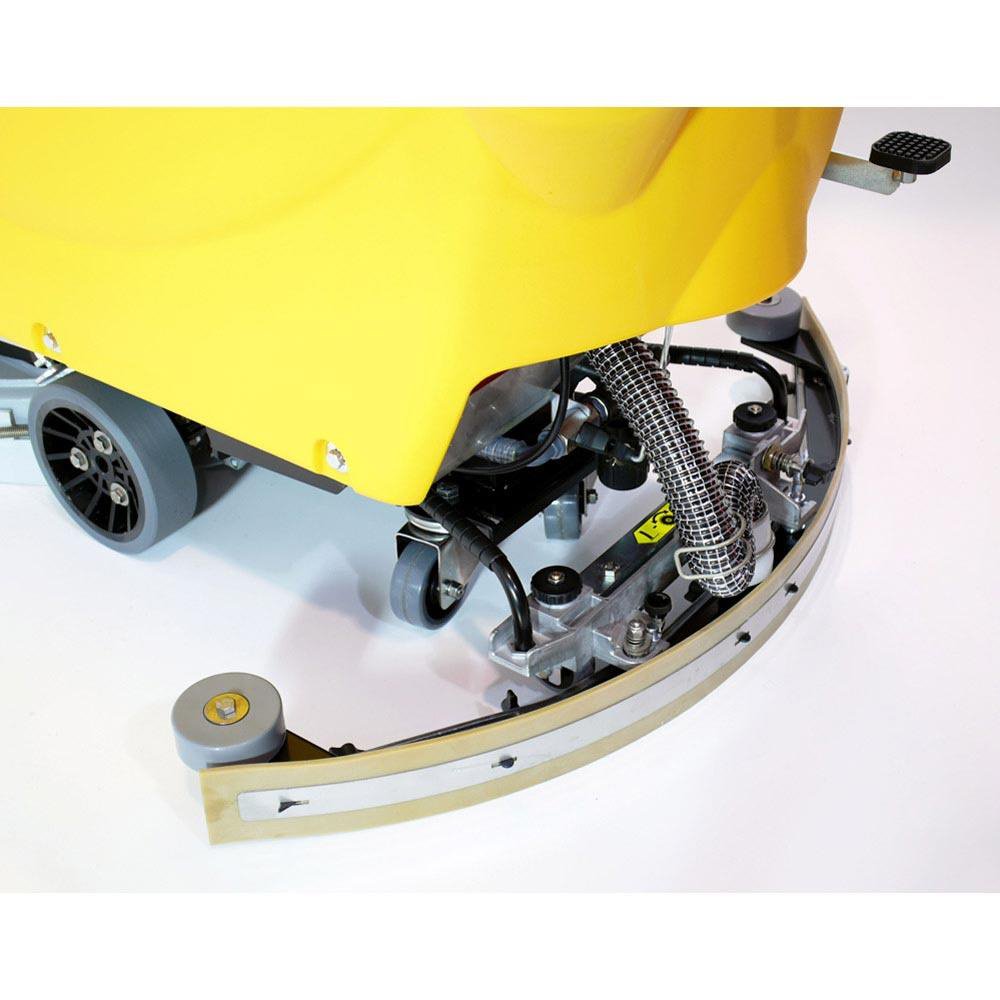 Close-up of a yellow Adiatek floor cleaning machine blades on a white background