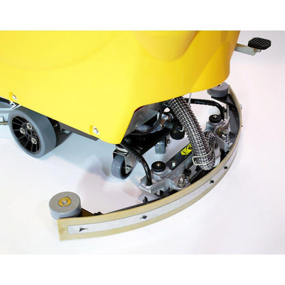 Close-up of a yellow Adiatek floor cleaning machine blades on a white background