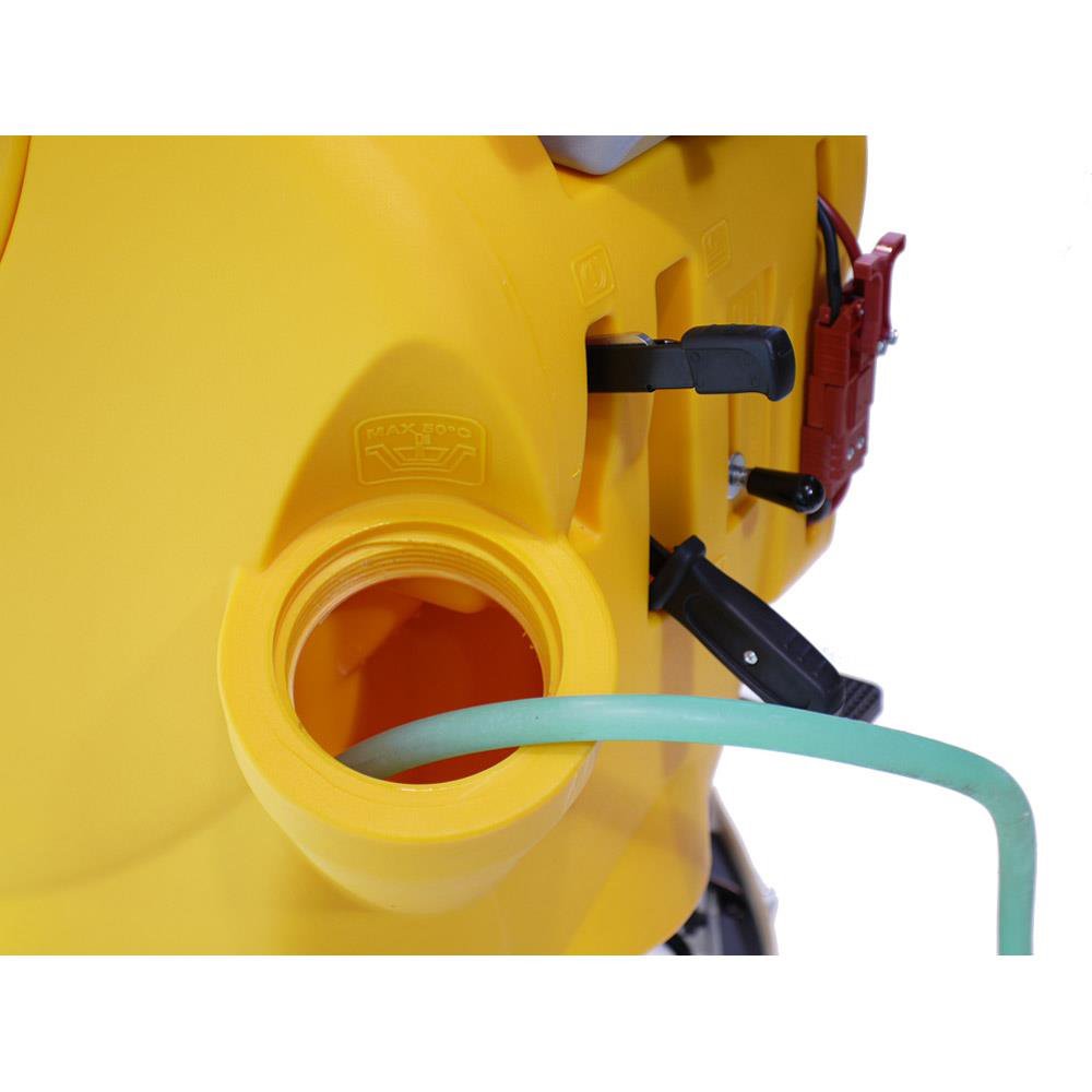 Yellow Adiatek Jade 66 Auto Scrubber with a green hose attached on a white background