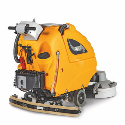 Yellow Adiatek Opal 66 Auto Scrubber floor cleaning machine on a white background