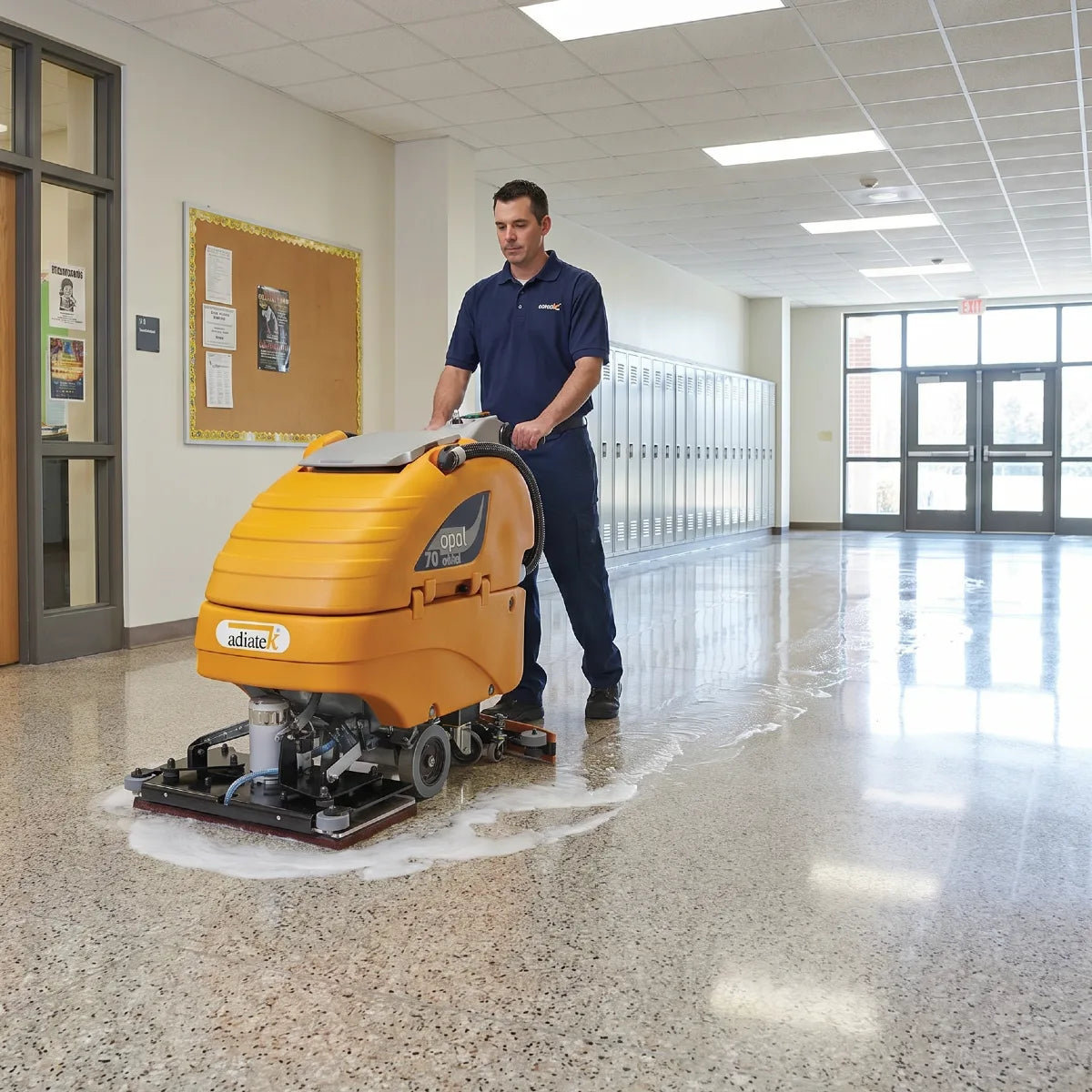 Man operating a floor cleaning machine in a school hallway