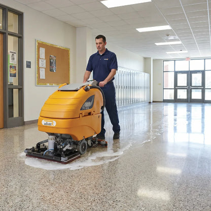 Man operating a floor cleaning machine in a school hallway