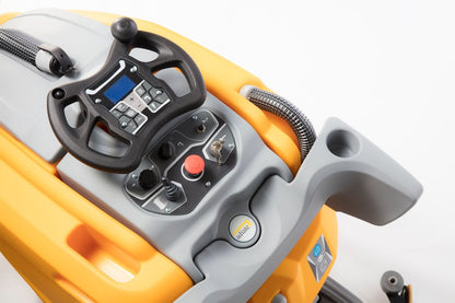 Control panel of an Adiatek Scrubber with steering wheel and buttons on a white background